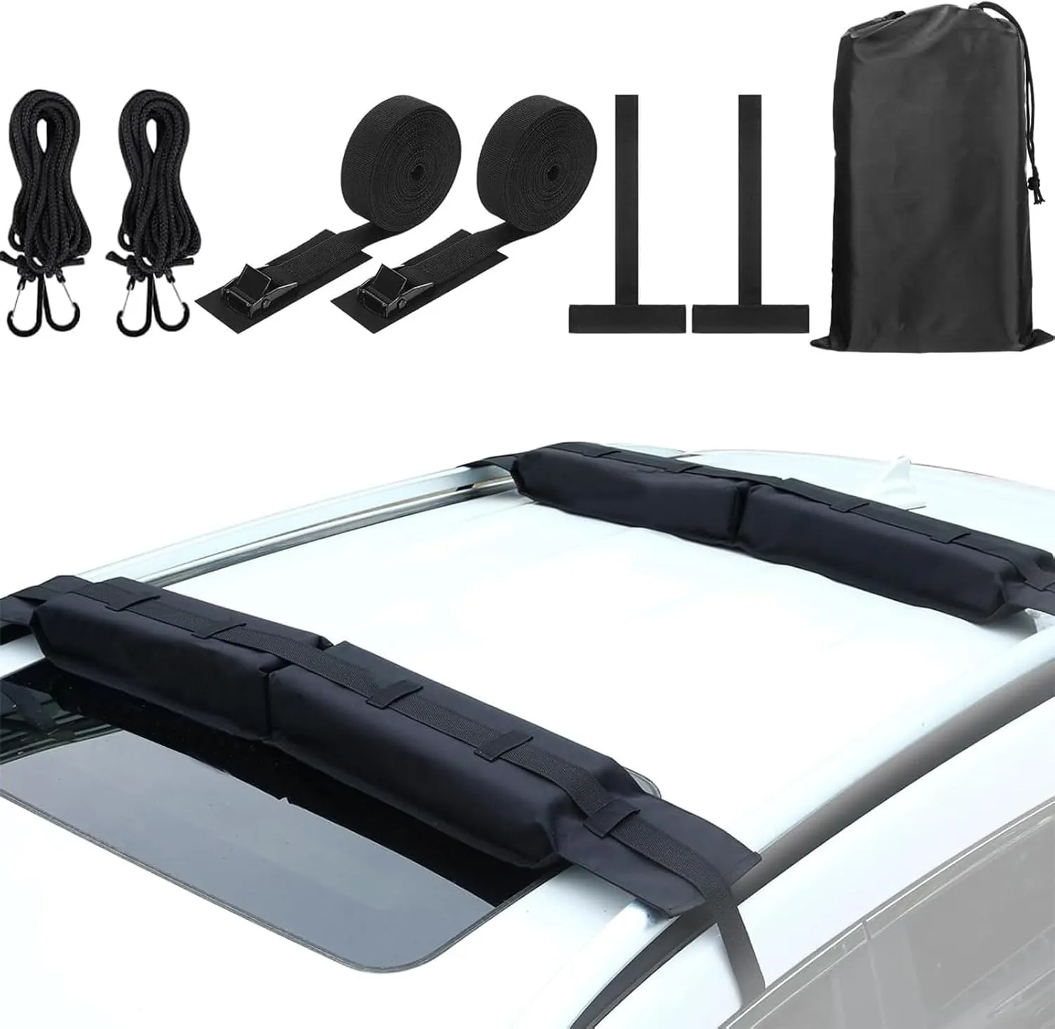 Universal Soft Roof Rack Pads - Luggage Carrier System with Kayak/Surfboard/SUP/Canoe Compatibility | Includes 2 Tie-Downs, 2 Quick Loop Straps, and Storage Bag
