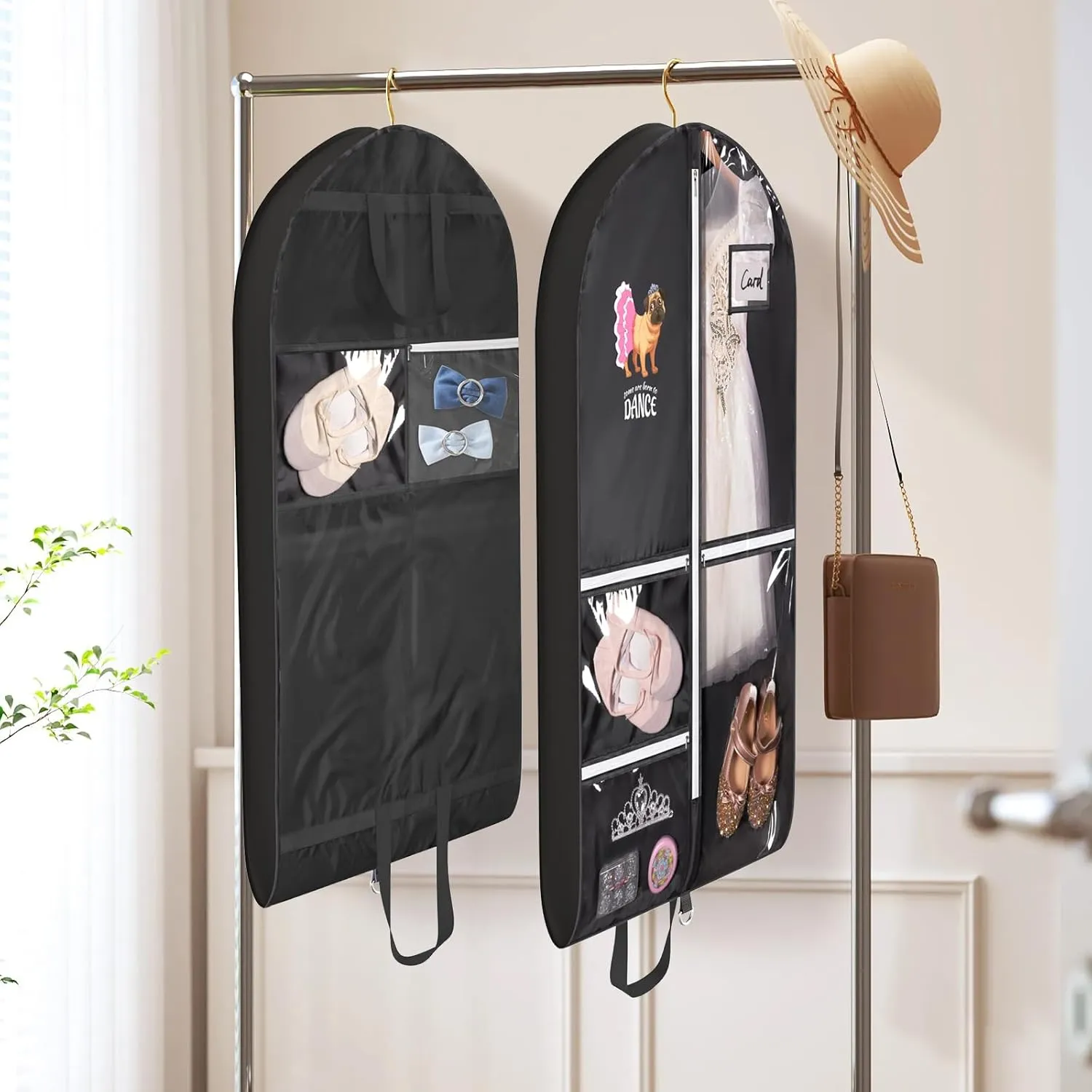 Univivi Dance Garment Bags for Dancers, 3" Gusseted Garment Bags for Dance Costumes with 5 Pockets, 40" Dance Garment Bag with Puppy Pattern for Dance Competitions and Travel (Black)