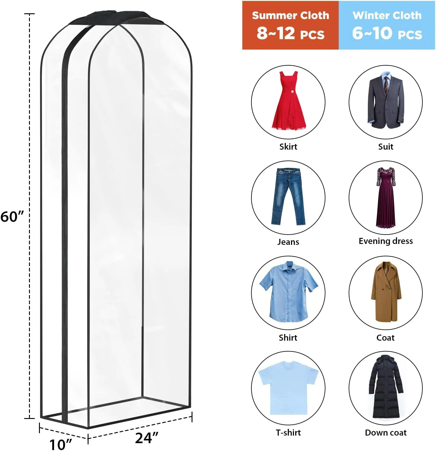 Univivi Garment Bags Garment Covers for Hanging Clothes, 10" Gusseted Clear Suit Bags for Clothes Storage, Garment Bag for Closet Storage, 60", 4-Pack