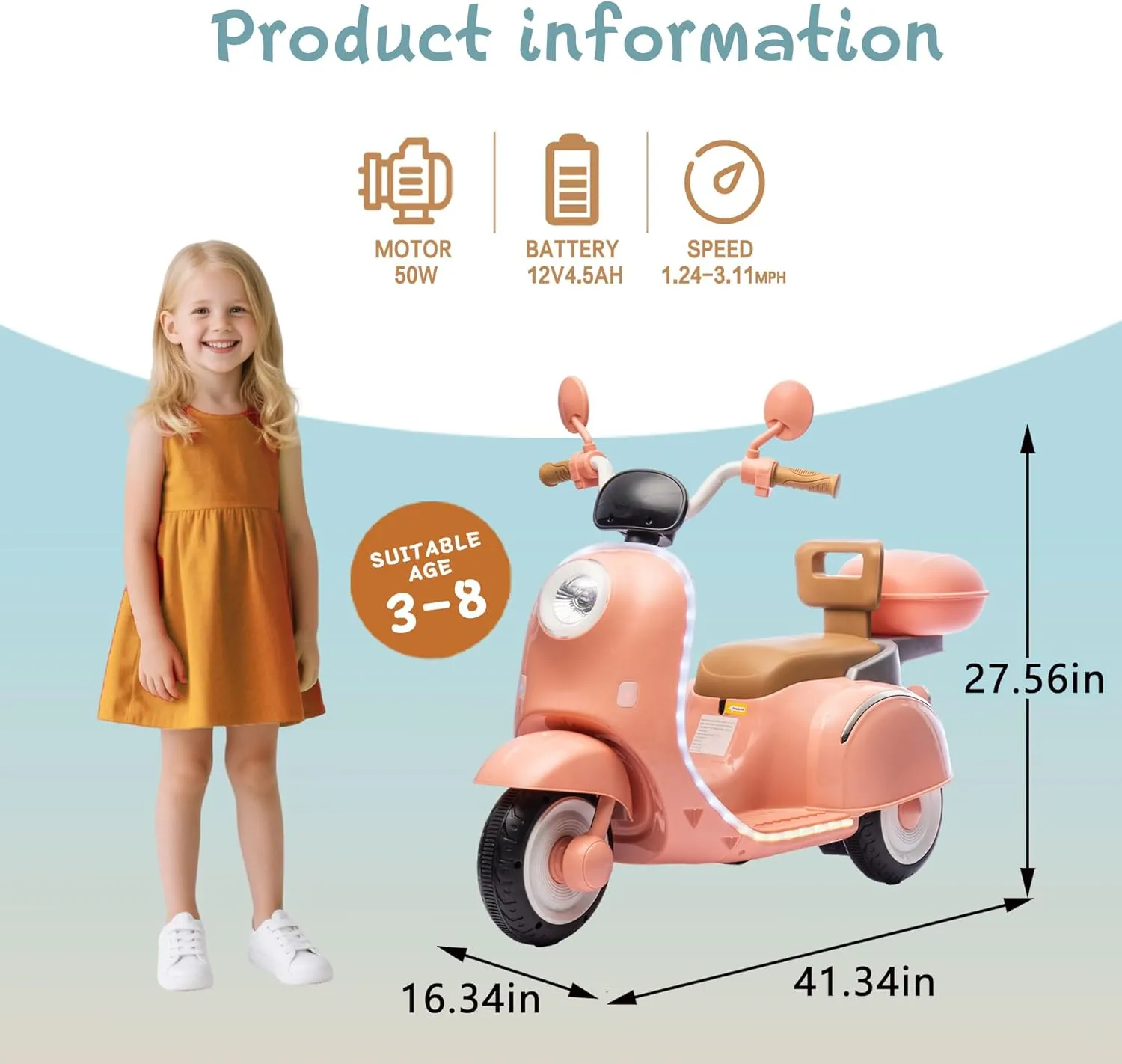 Upgrade 2 Seats Kids Motorcycle, 12V Ride On Electric Car with 2 Motors, Kid's Motorbike with USB, Bluetooth, Waterfall Light, Storage Box, Motorcycle for Kids Aged 3 , Pink