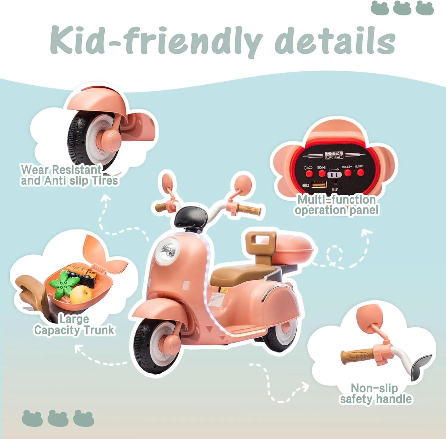 Upgrade 2 Seats Kids Motorcycle, 12V Ride On Electric Car with 2 Motors, Kid's Motorbike with USB, Bluetooth, Waterfall Light, Storage Box, Motorcycle for Kids Aged 3 , Pink
