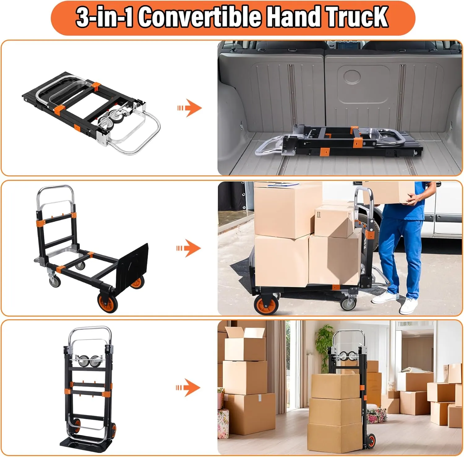 Upgraded 3 in 1 Folding Hand Truck, 600lbs Capacity, Heavy Duty Convertible Dolly with Retractable Handle and 4 Rubber Wheels, Collapsible Cart for Moving Home, Office, Warehouse（Orange）