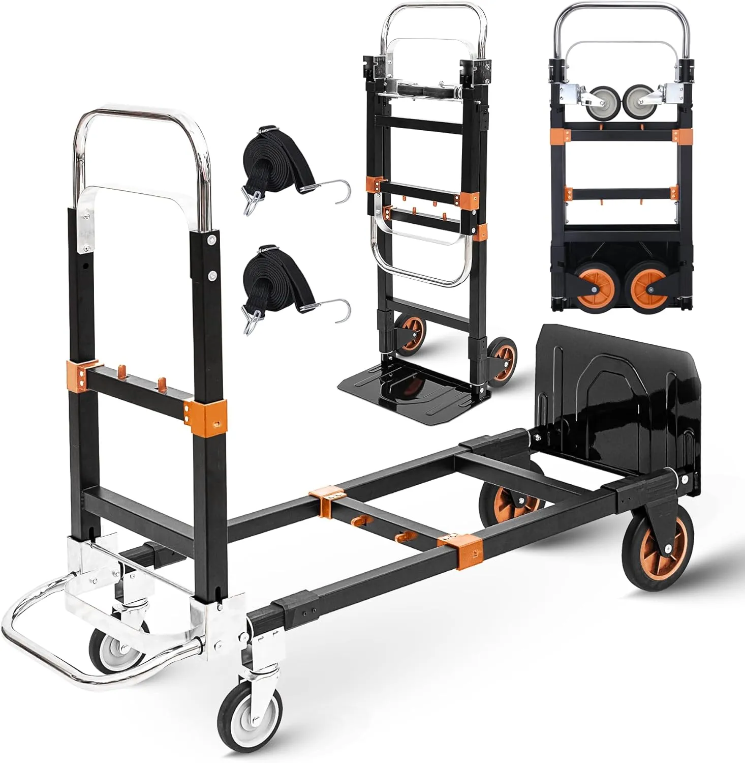 Upgraded 3 in 1 Folding Hand Truck, 600lbs Capacity, Heavy Duty Convertible Dolly with Retractable Handle and 4 Rubber Wheels, Collapsible Cart for Moving Home, Office, Warehouse（Orange）