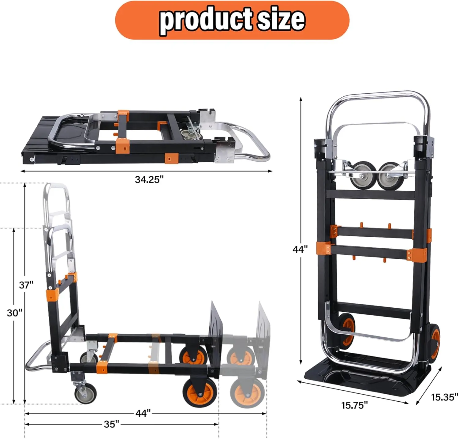 Upgraded 3 in 1 Folding Hand Truck, 600lbs Capacity, Heavy Duty Convertible Dolly with Retractable Handle and 4 Rubber Wheels, Collapsible Cart for Moving Home, Office, Warehouse（Orange）