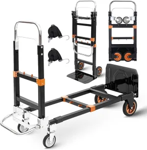 Upgraded 3 in 1 Folding Hand Truck, 600lbs Capacity, Heavy Duty Convertible Dolly with Retractable Handle and 4 Rubber Wheels, Collapsible Cart for Moving Home, Office, Warehouse（Orange）