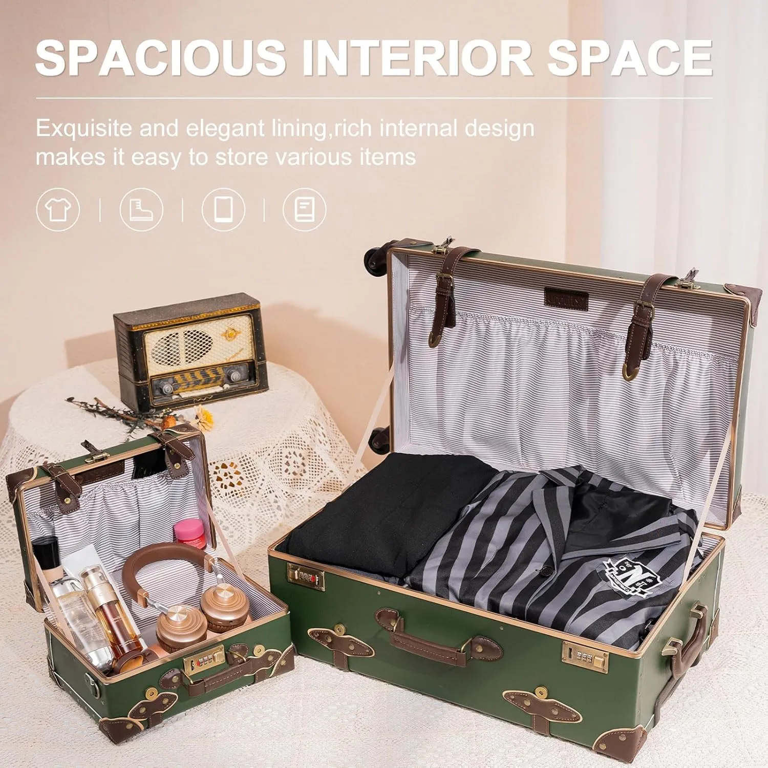 urecity Vintage Luggage Sets of 3 Piece - Hardside Lightweight Spinner Suitcases - Retro Travel Set includes Under Seat Train Case, 26" 20" 12" (Army Green)