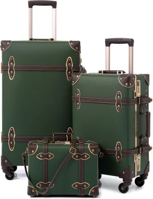 urecity Vintage Luggage Sets of 3 Piece - Hardside Lightweight Spinner Suitcases - Retro Travel Set includes Under Seat Train Case, 26" 20" 12" (Army Green)