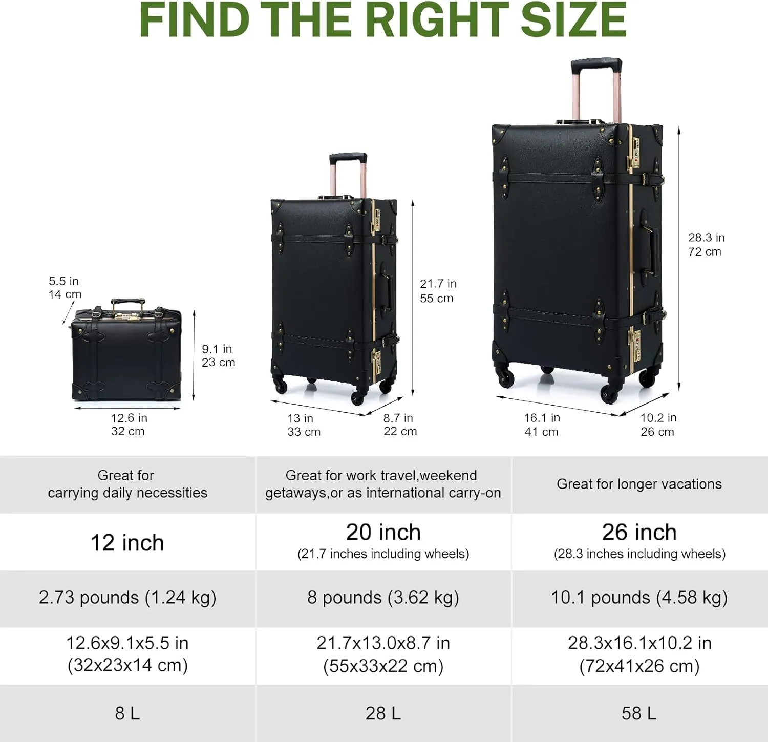 urecity Vintage Luggage Sets of 3 Piece - Hardside Lightweight Spinner Suitcases - Retro Travel Set includes Under Seat Train Case, 26" 20" 12" (Black)