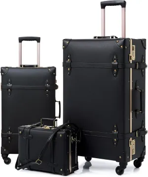 urecity Vintage Luggage Sets of 3 Piece - Hardside Lightweight Spinner Suitcases - Retro Travel Set includes Under Seat Train Case, 26" 20" 12" (Black)