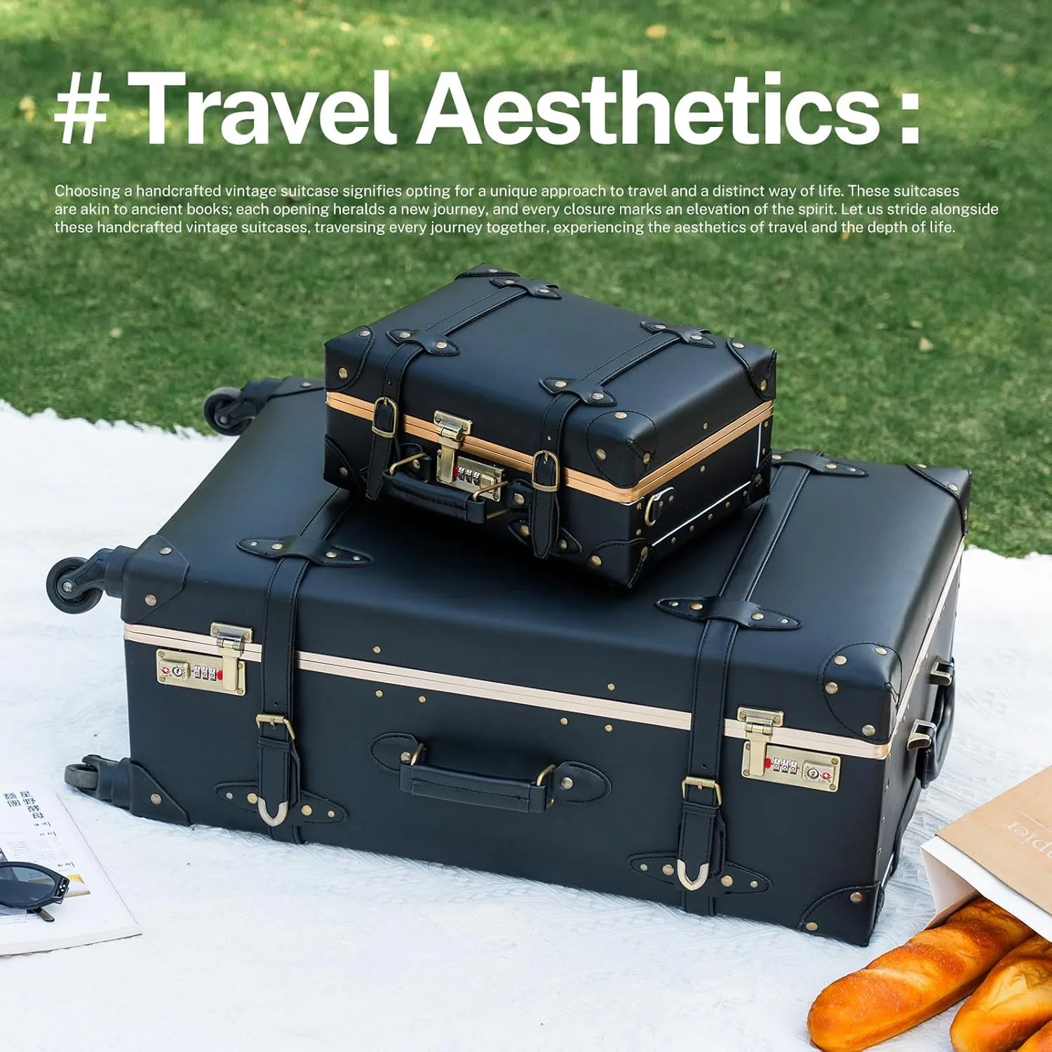 urecity Vintage Luggage Sets of 3 Piece - Hardside Lightweight Spinner Suitcases - Retro Travel Set includes Under Seat Train Case, 26" 20" 12" (Black)
