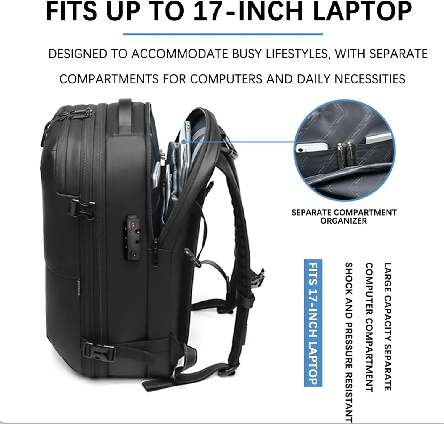 VacPack Backpack with Vacuum, 60L Airback Backpack, Waterproof with TSA Lock, Compression Feature, Fits 17” Laptop, Ideal for Airplane Travel (Blue)
