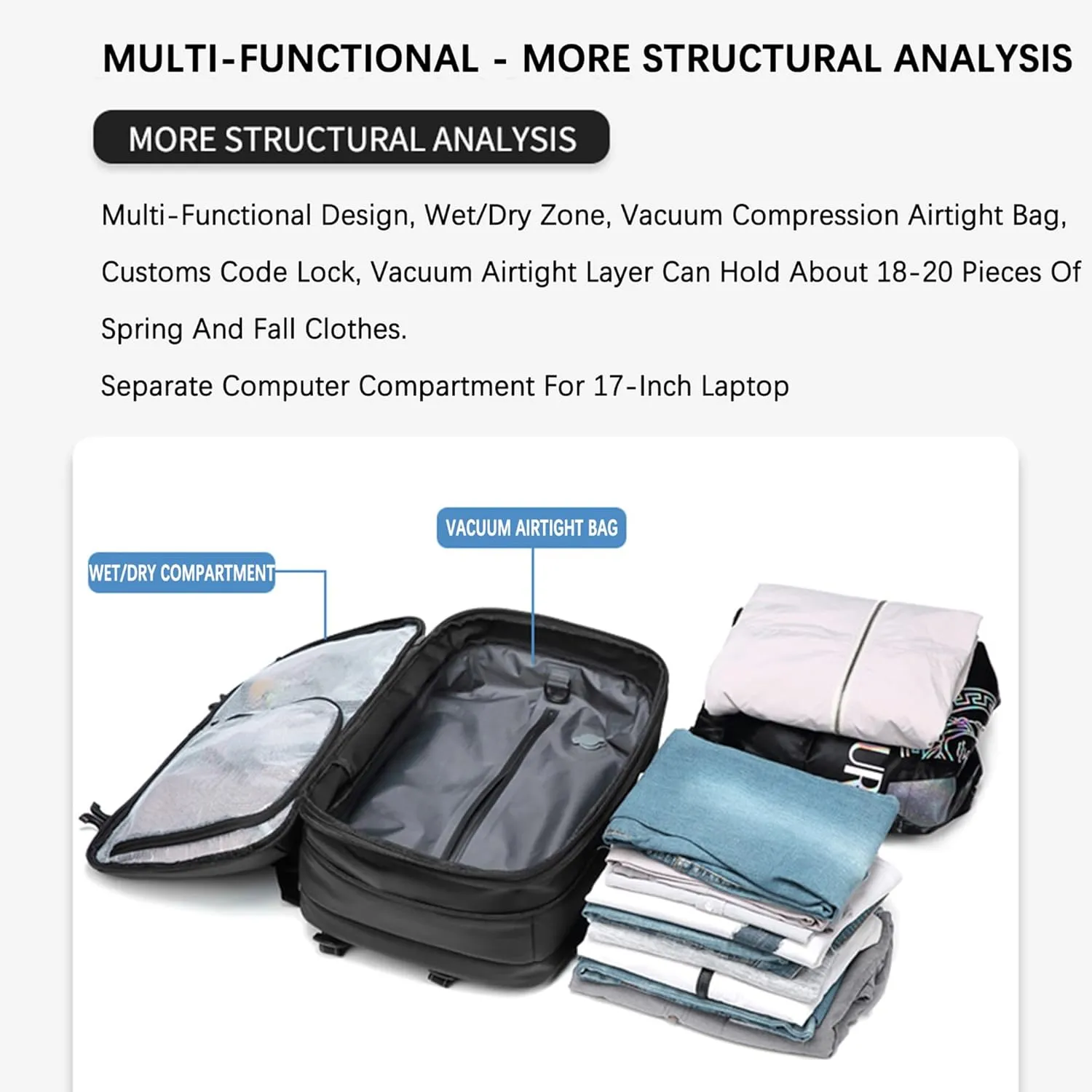 VacPack Backpack with Vacuum, 60L Airback Backpack, Waterproof with TSA Lock, Compression Feature, Fits 17” Laptop, Ideal for Airplane Travel (Blue)