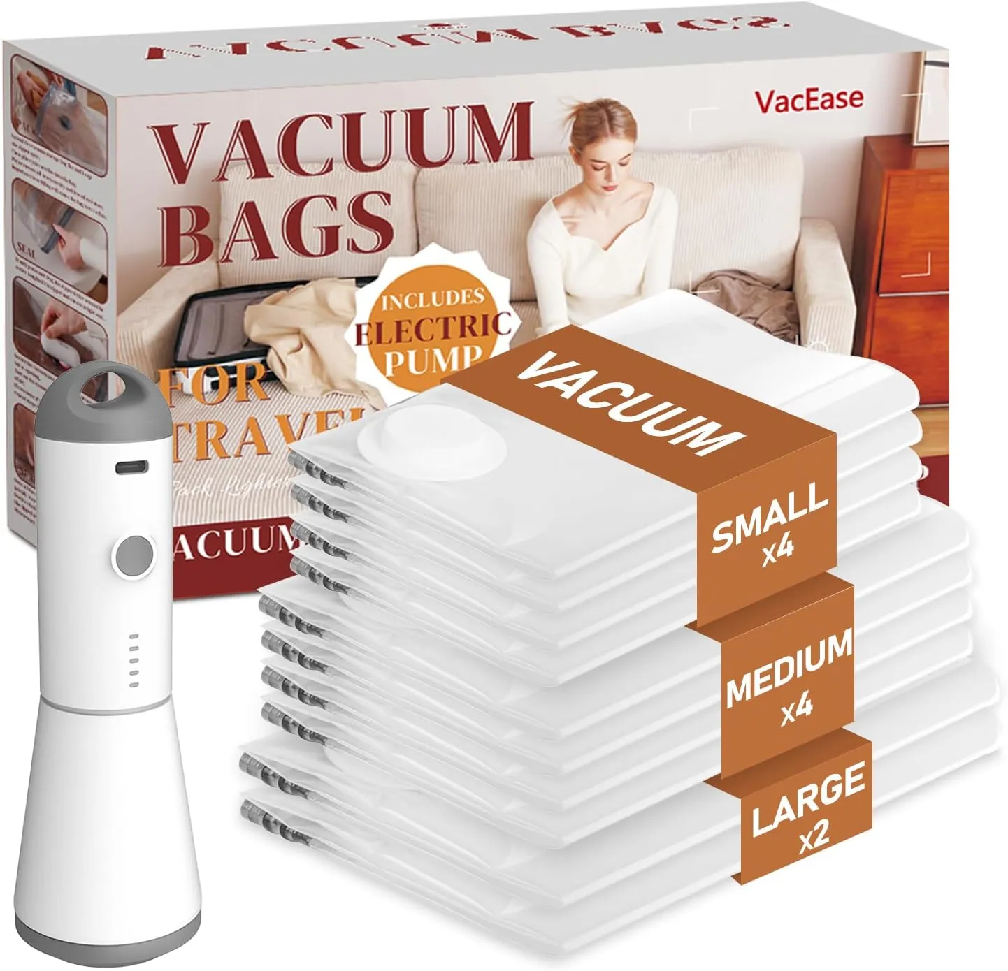 Vacuum Storage Bags for Clothing Travel, 10 Pack Vacuum Bags with Wireless Charging Air Pump(2 Large 4 Medium 4 Small), Compression Packing for Clothes Blanket Suitcase Luggage
