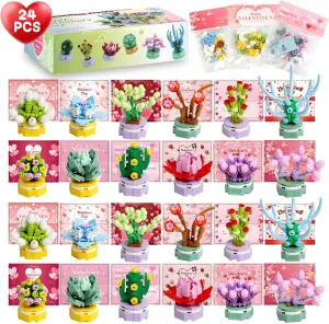 Valentines Day 24PCS Building Blocks Gifts for Kids Classroom School Succulent Plants Kits and Valentines Cards Toys for Girls Boys