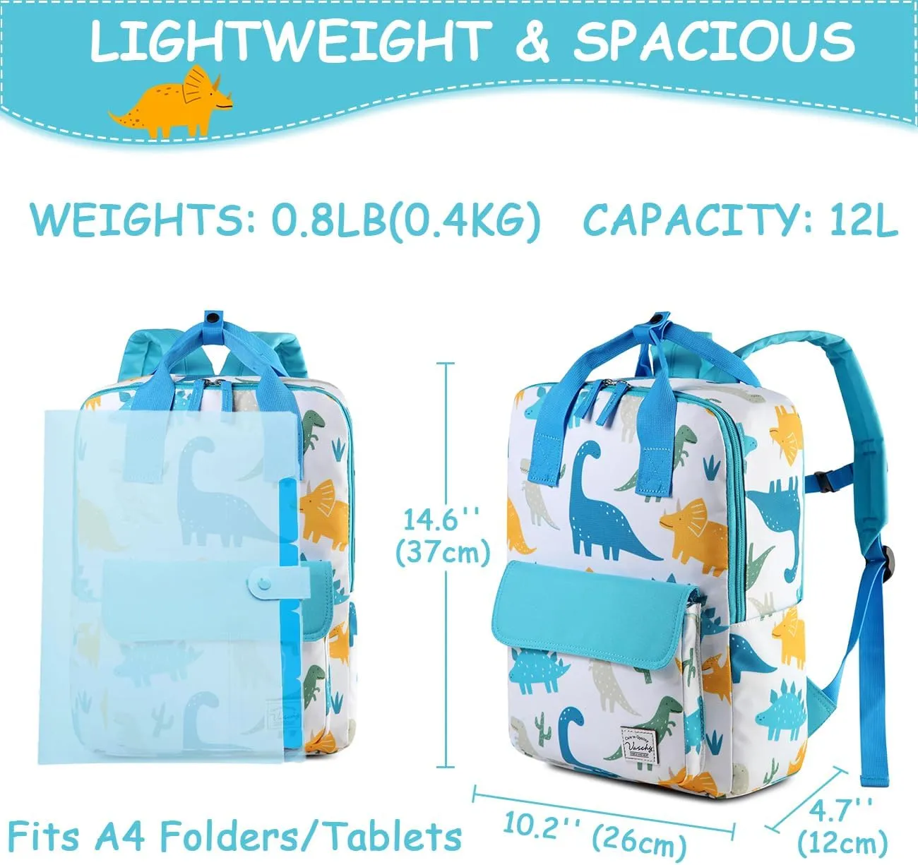 VASCHY Dinosaur Backpacks Kids, Lightweight Toddler Kids Preschool Backpack for Children