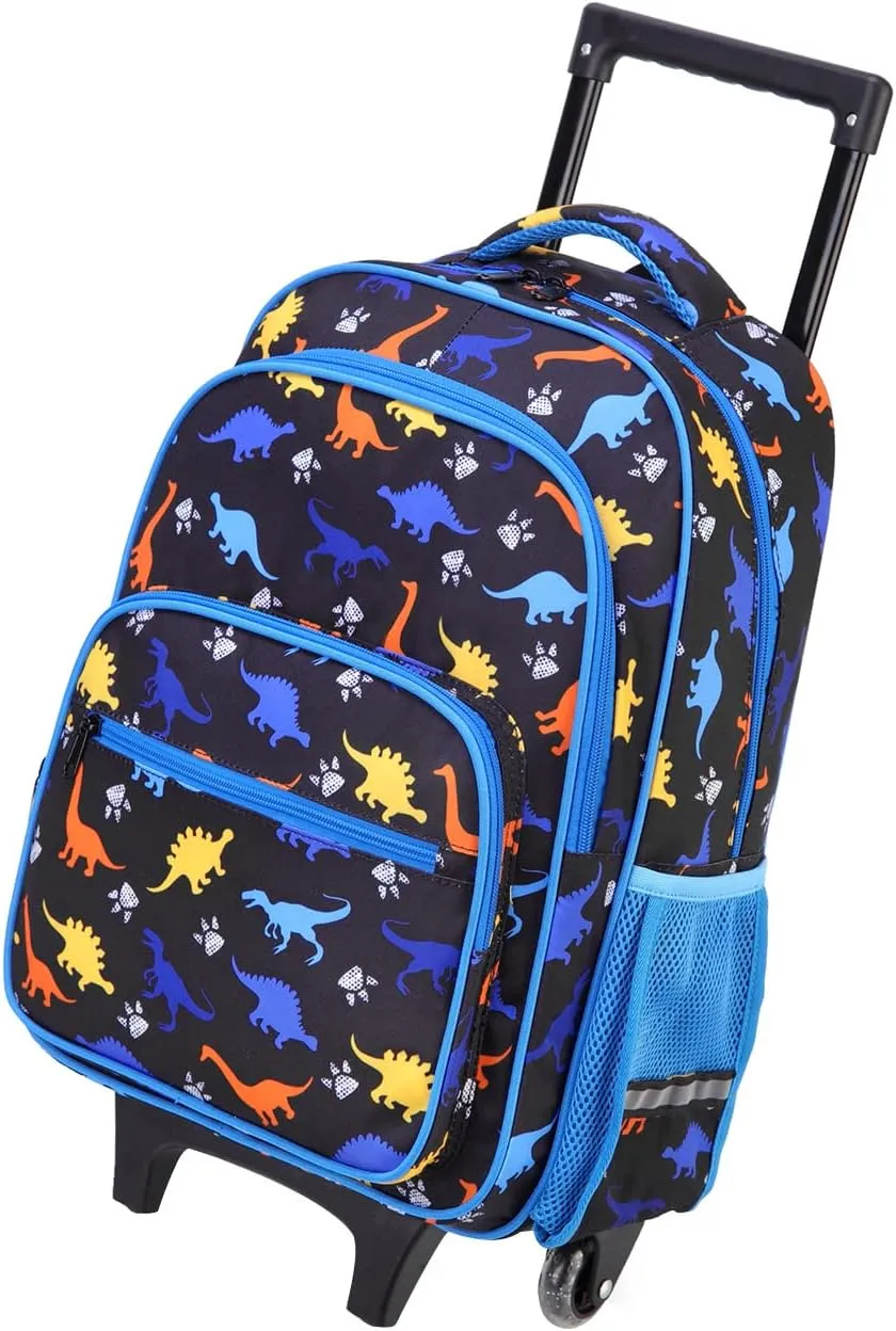 VASCHY Rolling Backpack Kids, 17in Water Resistant Large Schoolbag Carry-on Travel Trip Bag with Wheels for Boys Blue Dinos