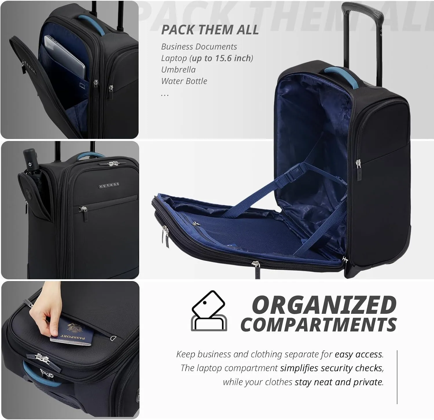 Verage 16 inch Underseat Carry On Luggage with Wheels, Black Softside Small Suitcase Spinner Wheeled Rolling Travel Laptop Bag for Airlines Airplanes Short Trip Men Women