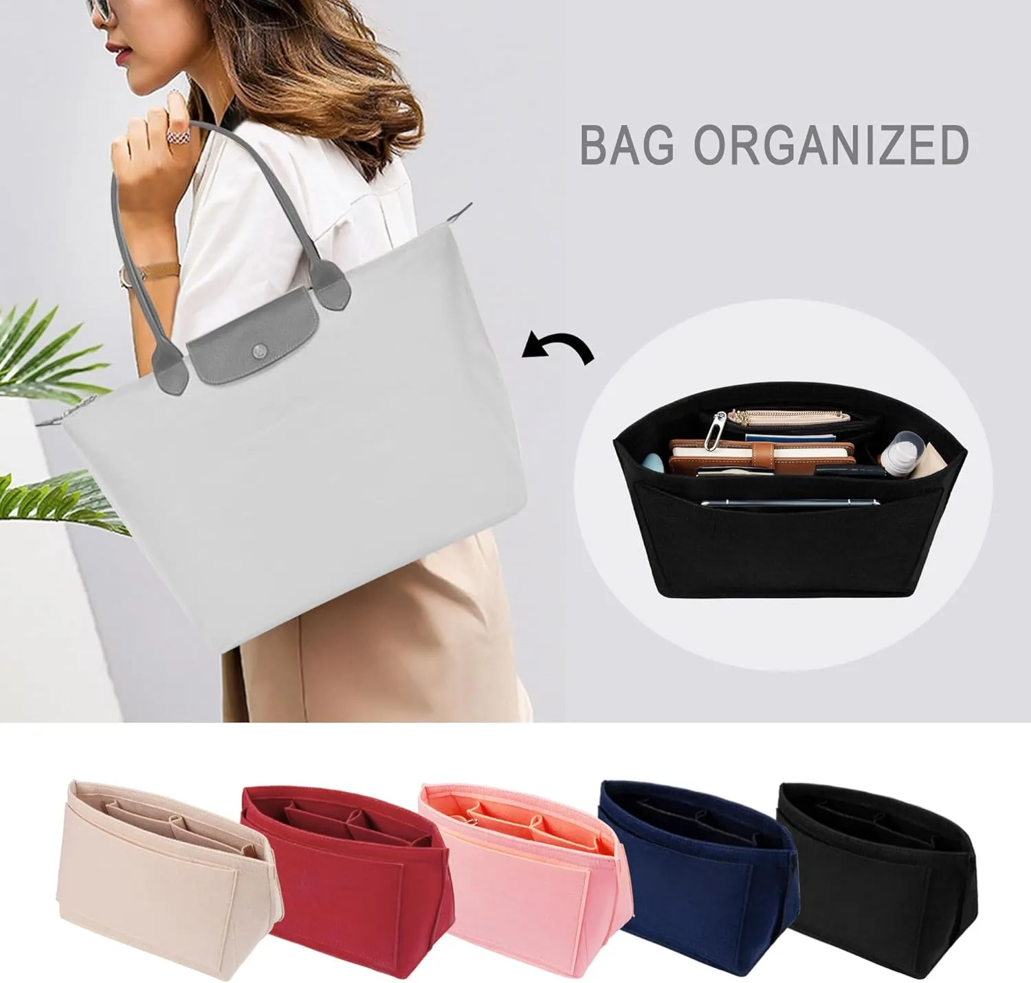 Vercord Purse Insert Organizers Felt Handbag Organizer Bag in Bag for Nylon Tote Black Medium