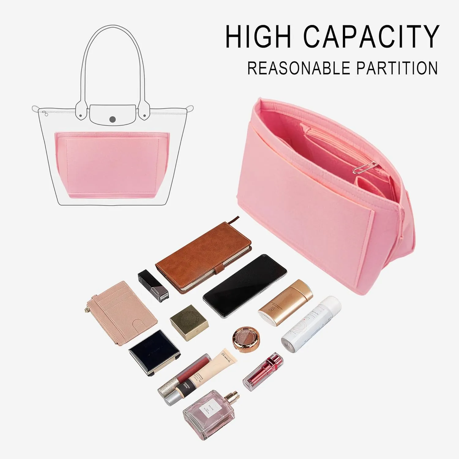 Vercord Purse Insert Organizers Felt Handbag Organizer Bag in Bag for Nylon Tote Pink Medium
