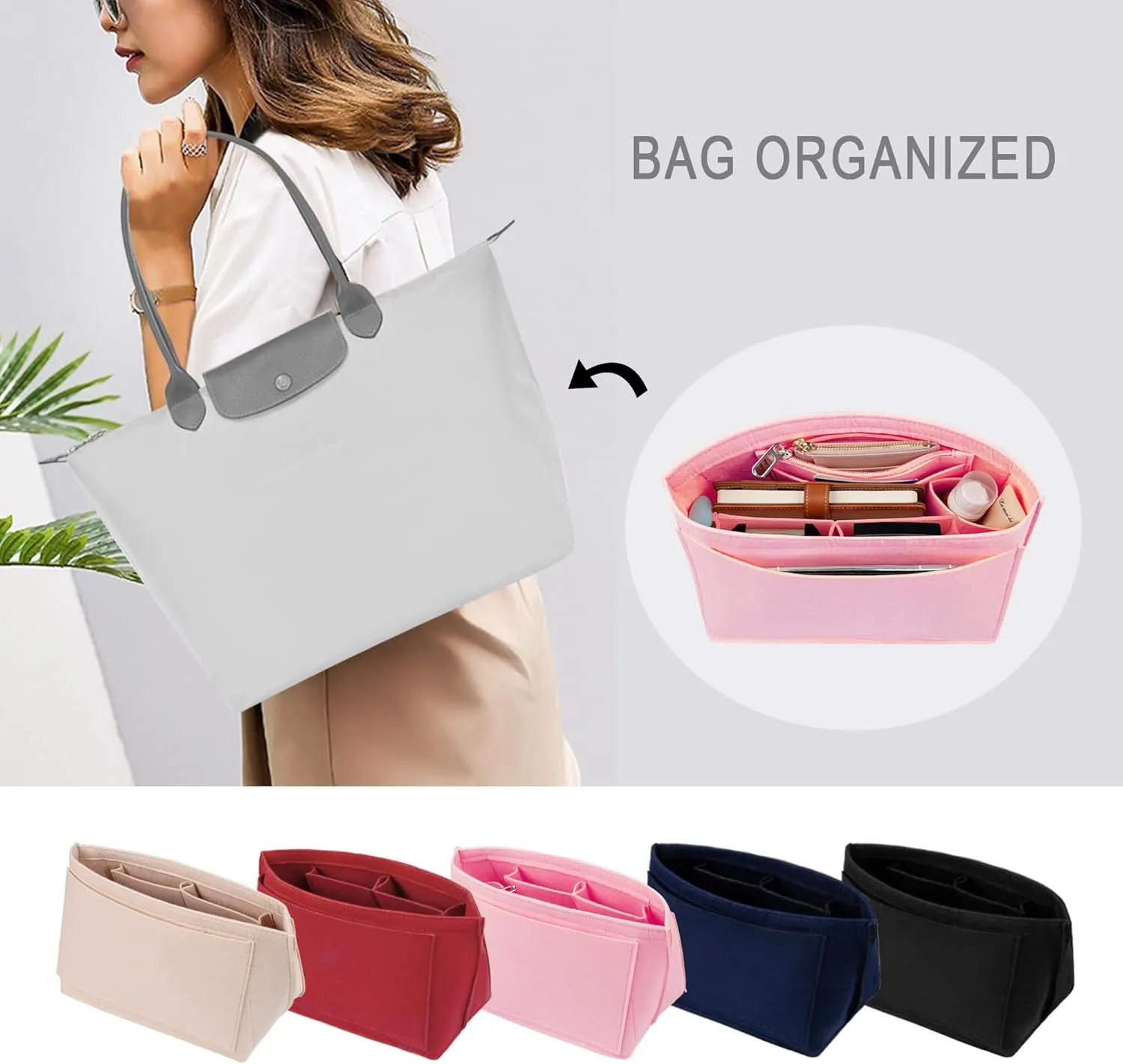 Vercord Purse Insert Organizers Felt Handbag Organizer Bag in Bag for Nylon Tote Pink Medium