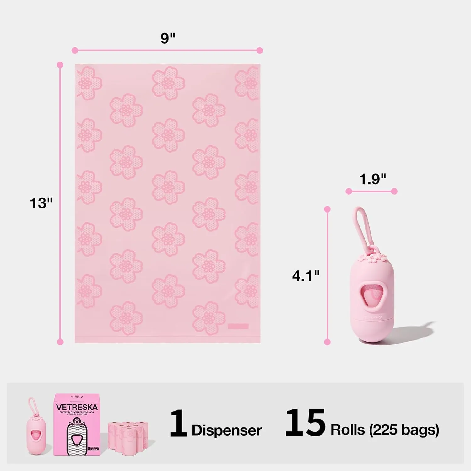 VETRESKA Dog Poop Bag Dispenser with Cherry Blossom Scented Bags, Leak Proof and Extra Thick Pet Waste Bags 1 Poop Bag Holder and 225 Bags for Walking Dogs & Cats Litter