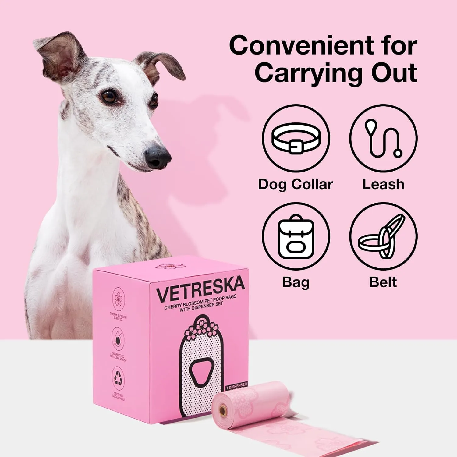 VETRESKA Dog Poop Bag Dispenser with Cherry Blossom Scented Bags, Leak Proof and Extra Thick Pet Waste Bags 1 Poop Bag Holder and 225 Bags for Walking Dogs & Cats Litter