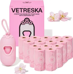 VETRESKA Dog Poop Bag Dispenser with Cherry Blossom Scented Bags, Leak Proof and Extra Thick Pet Waste Bags 1 Poop Bag Holder and 225 Bags for Walking Dogs & Cats Litter