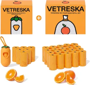 VETRESKA Dog Poop Bag Dispenser with Cirtus Scented Bags, Leak Proof, Extra Thick and Large Pet Waste Bags,1 Count Bag Holder and 405 Bags (27 Refill Rolls) for Walking Dog and Cats Litter, Orange