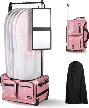 VEVOR Dance Bag with Garment Rack, 23 Inch Rolling Dance Duffel, with Wheels, USB Port, Height Adjustable Clothes Rack, Privacy Protection Curtain, Ideal for Travel and Competitions, Sparkling Pink