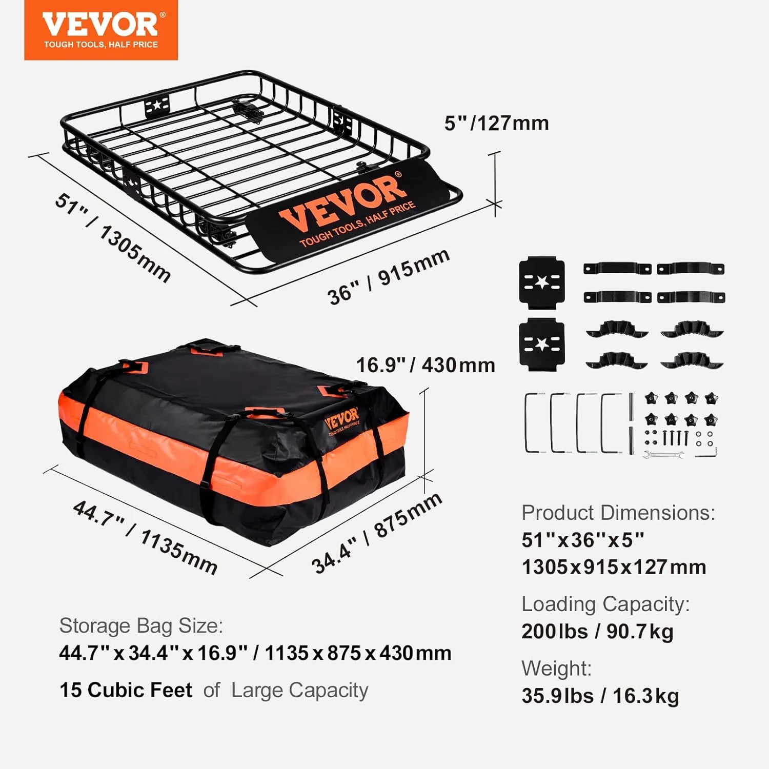 VEVOR Roof Rack Cargo Basket, 51" x 36" x 5" Rooftop Cargo Carrier w/ 15 Cu Ft Waterproof Cargo Bag, 200 LBS Capacity Universal Rack Carrier for SUV, Truck, Pickup