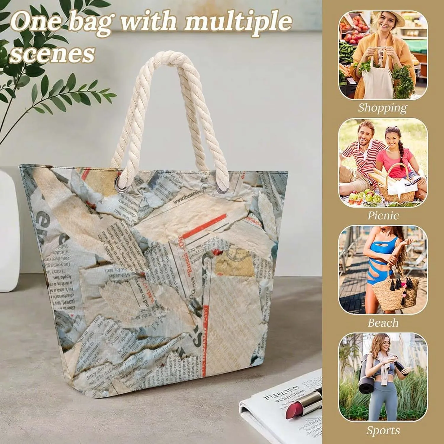 Vintage Style of Suits of Playing Cards Beach Bags for Women Large Tote Bag with Zipper Travel Carry Grocery Handbag