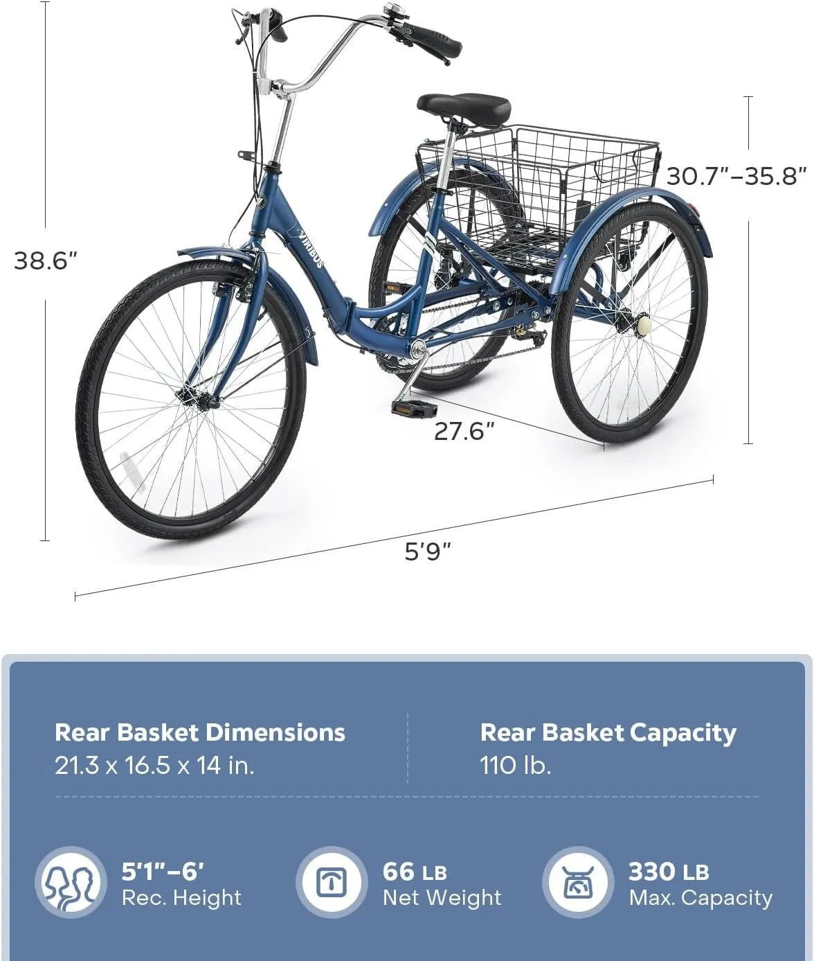 Viribus Foldable Adult Tricycle, 7 Speed Folding Tricycle for Adults with Removable Wheeled Basket, 3 Wheel Folding Bike Men Women Seniors, Adult Trike Potable Collapsible 26 inch, 330 lb.
