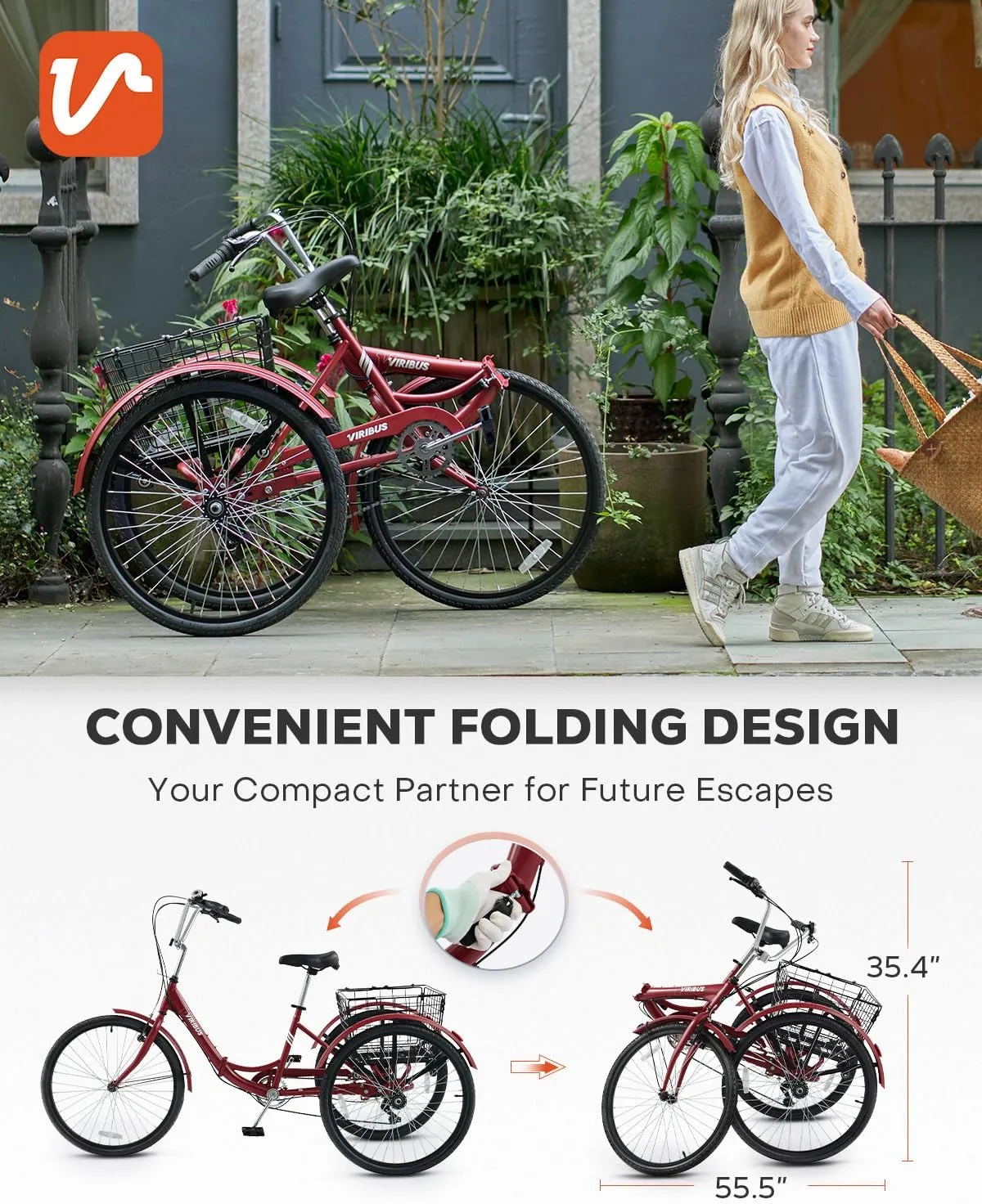 Viribus Foldable Adult Tricycle, 7 Speed Folding Tricycle for Adults with Removable Wheeled Basket, 3 Wheel Folding Bike Men Women Seniors, Adult Trike Potable Collapsible 26 inch, 330 lb.