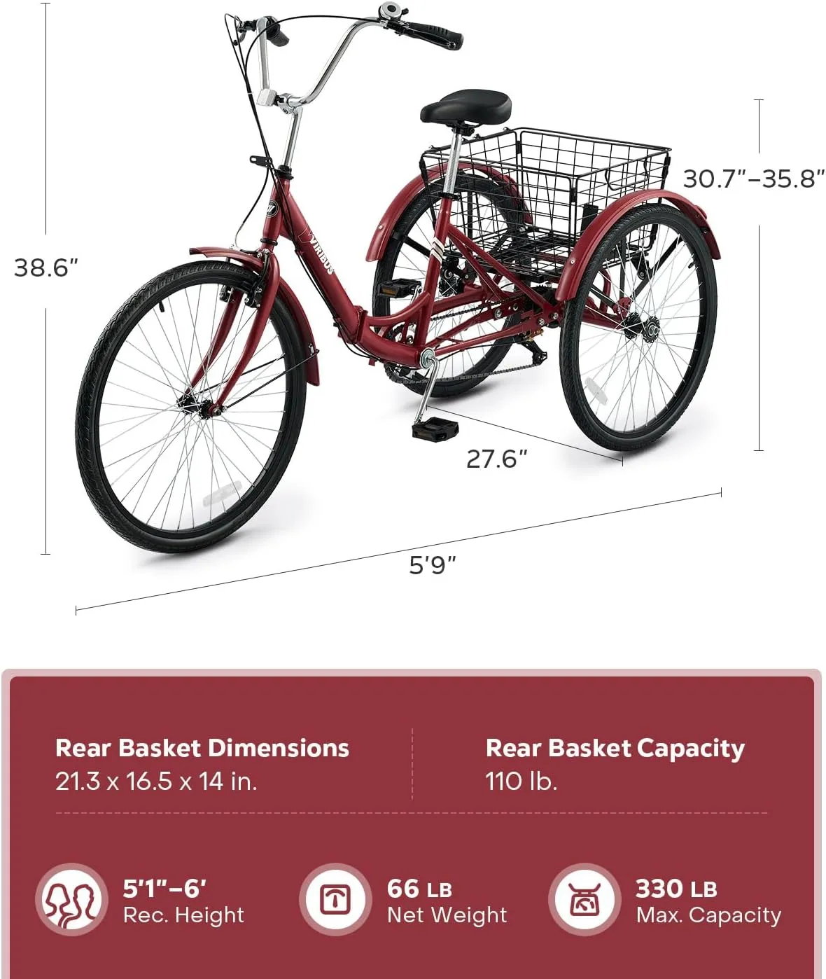 Viribus Foldable Adult Tricycle, 7 Speed Folding Tricycle for Adults with Removable Wheeled Basket, 3 Wheel Folding Bike Men Women Seniors, Adult Trike Potable Collapsible 26 inch, 330 lb.