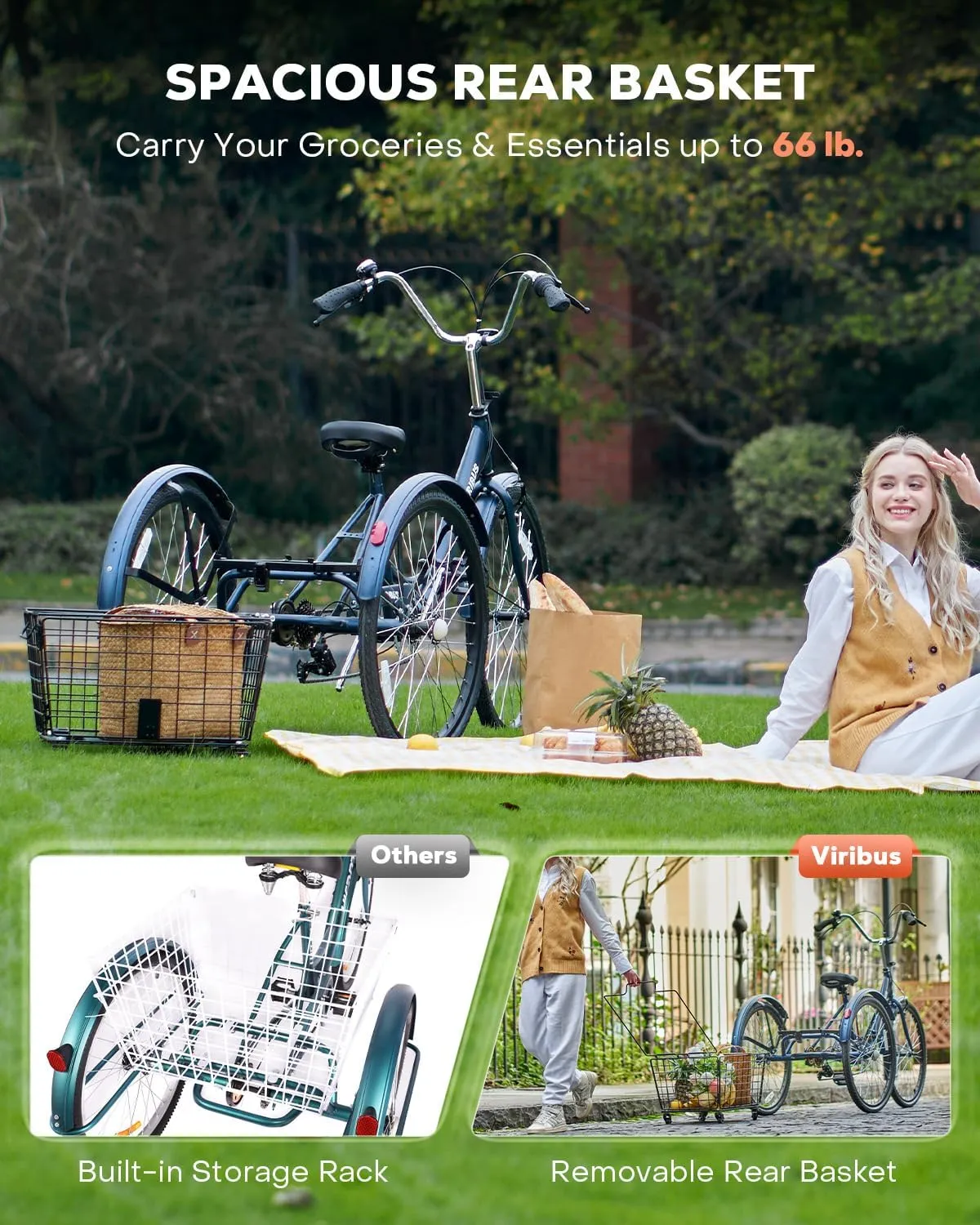 Viribus Foldable Adult Tricycle, 7 Speed Folding Tricycle for Adults with Removable Wheeled Basket, 3 Wheel Folding Bike Men Women Seniors, Adult Trike Potable Collapsible 26 inch, 330 lb.