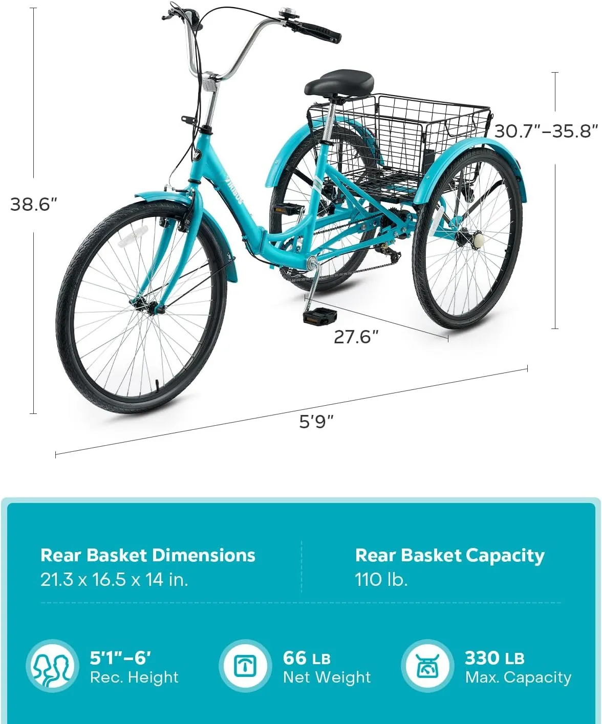 Viribus Foldable Adult Tricycle, 7 Speed Folding Tricycle for Adults with Removable Wheeled Basket, 3 Wheel Folding Bike Men Women Seniors, Adult Trike Potable Collapsible 26 inch, 330 lb.