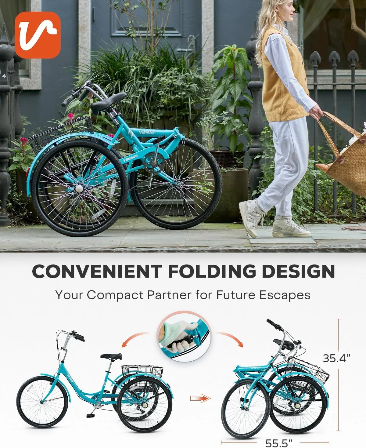 Viribus Foldable Adult Tricycle, 7 Speed Folding Tricycle for Adults with Removable Wheeled Basket, 3 Wheel Folding Bike Men Women Seniors, Adult Trike Potable Collapsible 26 inch, 330 lb.