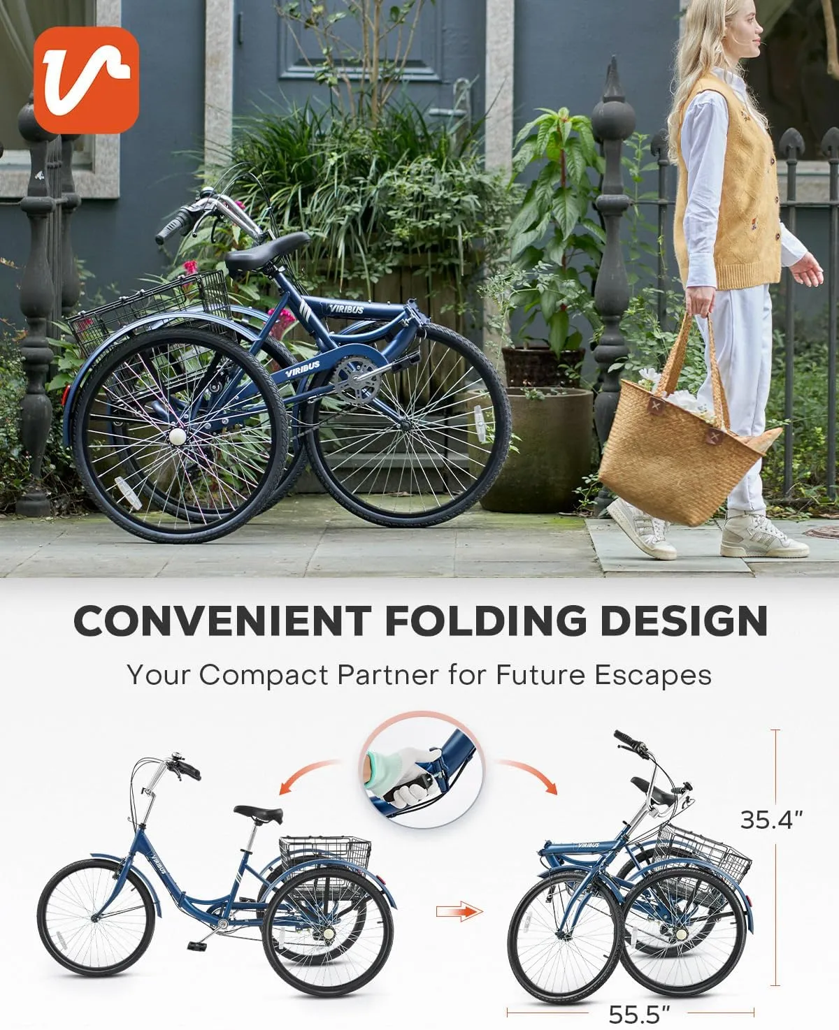 Viribus Foldable Adult Tricycle, 7 Speed Folding Tricycle for Adults with Removable Wheeled Basket, 3 Wheel Folding Bike Men Women Seniors, Adult Trike Potable Collapsible 26 inch, 330 lb.
