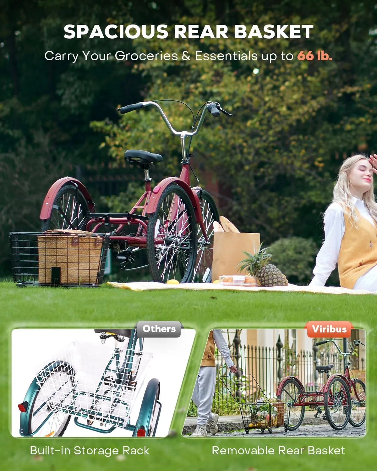 Viribus Foldable Adult Tricycle, 7 Speed Folding Tricycle for Adults with Removable Wheeled Basket, 3 Wheel Folding Bike Men Women Seniors, Adult Trike Potable Collapsible 26 inch, 330 lb.