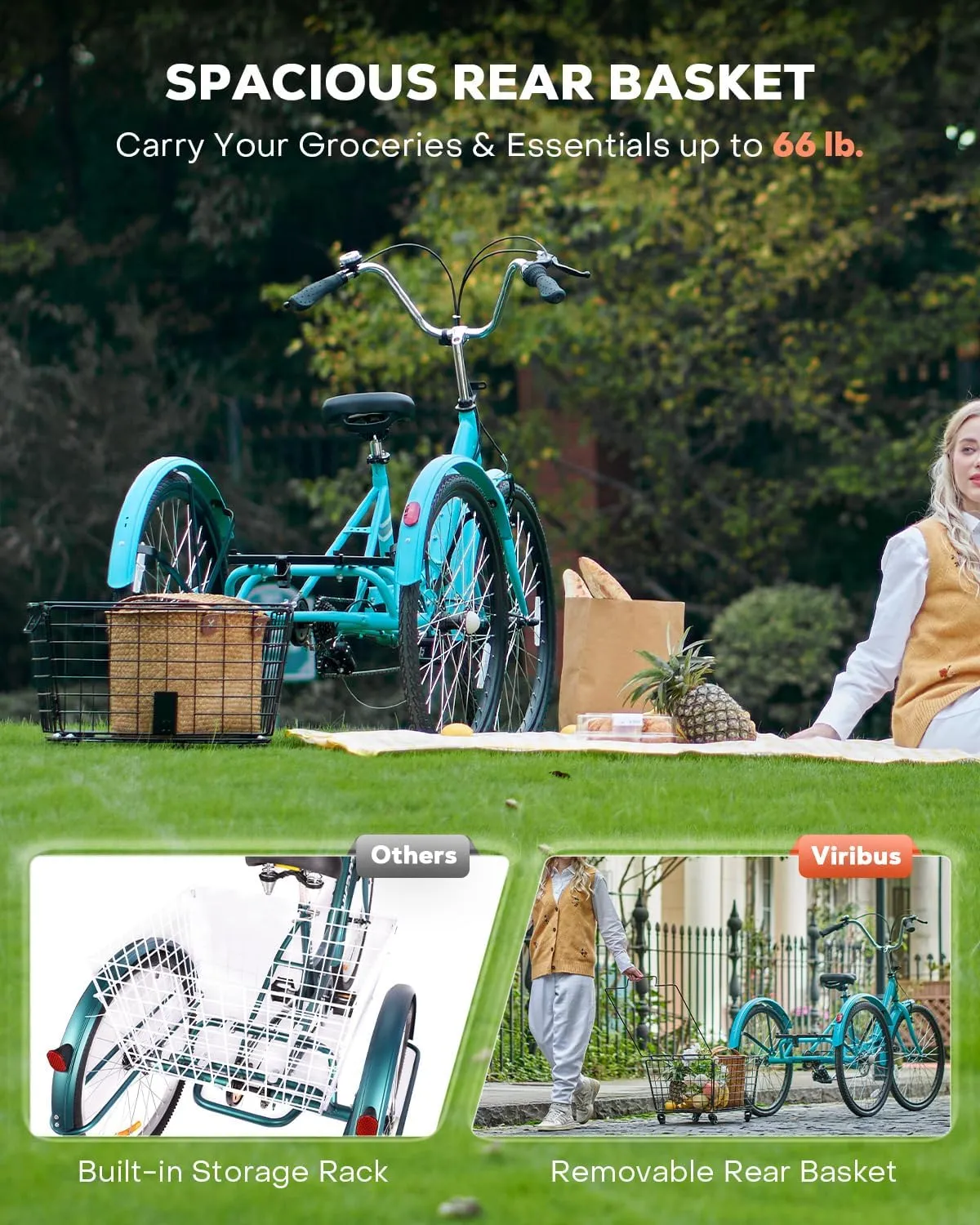 Viribus Foldable Adult Tricycle, 7 Speed Folding Tricycle for Adults with Removable Wheeled Basket, 3 Wheel Folding Bike Men Women Seniors, Adult Trike Potable Collapsible 26 inch, 330 lb.