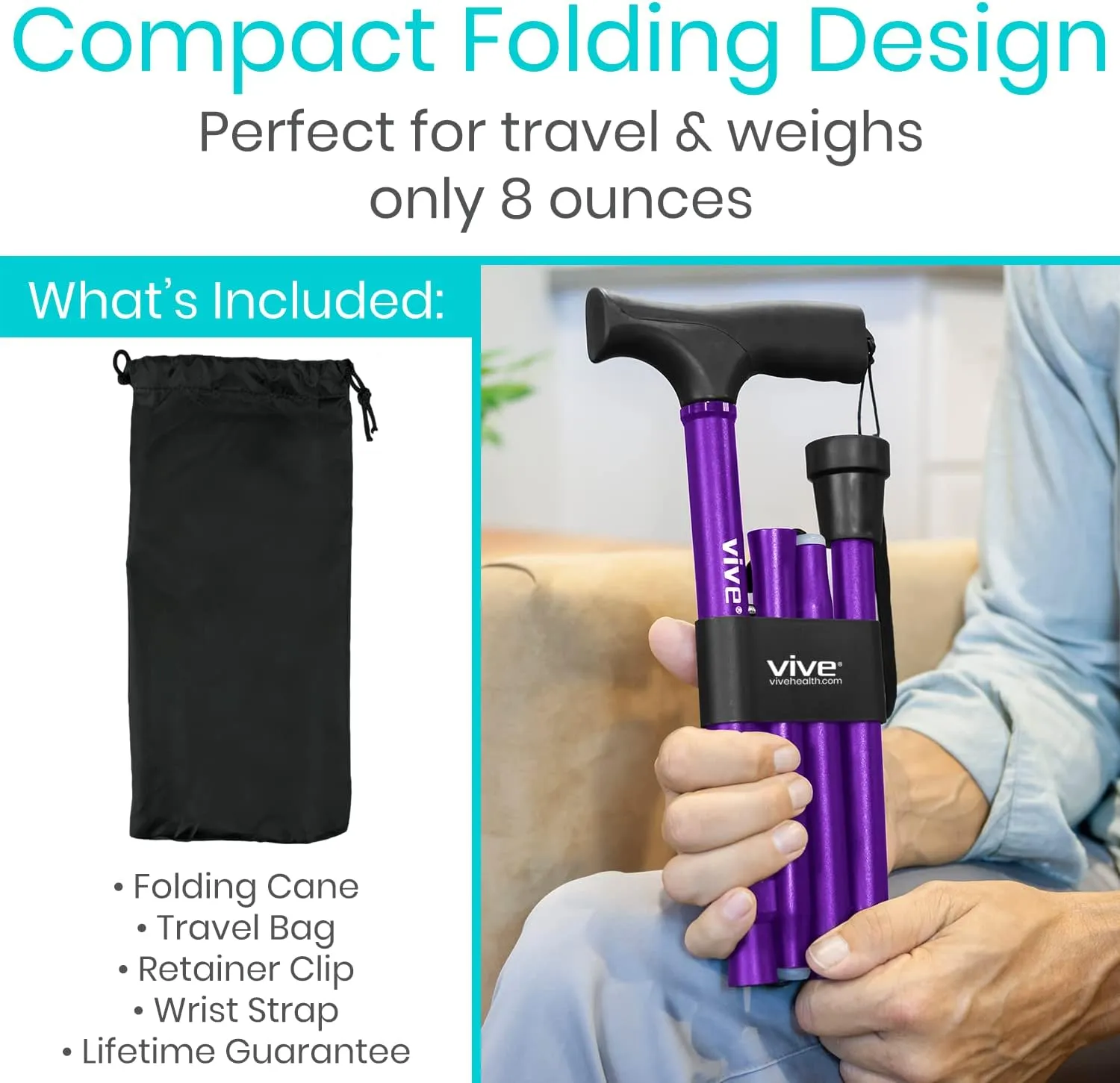Vive Folding Cane - Foldable Walking Cane for Men, Women - Fold-up, Collapsible, Lightweight, Adjustable, Portable Hand Walking Stick - Balancing Mobility Aid - Sleek, Comfortable T Handles (Purple)