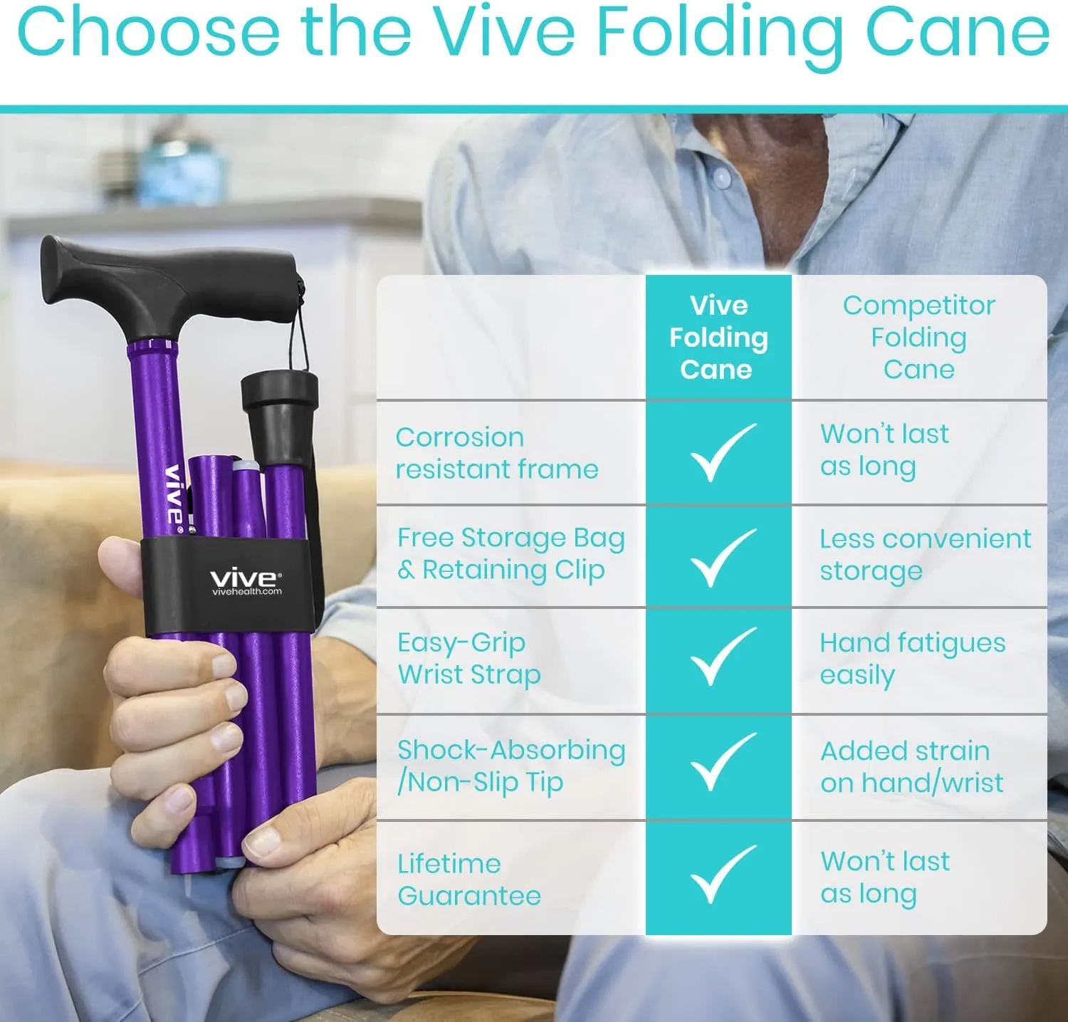 Vive Folding Cane - Foldable Walking Cane for Men, Women - Fold-up, Collapsible, Lightweight, Adjustable, Portable Hand Walking Stick - Balancing Mobility Aid - Sleek, Comfortable T Handles (Purple)