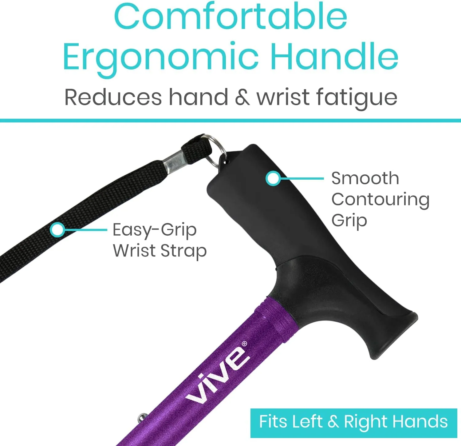 Vive Folding Cane - Foldable Walking Cane for Men, Women - Fold-up, Collapsible, Lightweight, Adjustable, Portable Hand Walking Stick - Balancing Mobility Aid - Sleek, Comfortable T Handles (Purple)