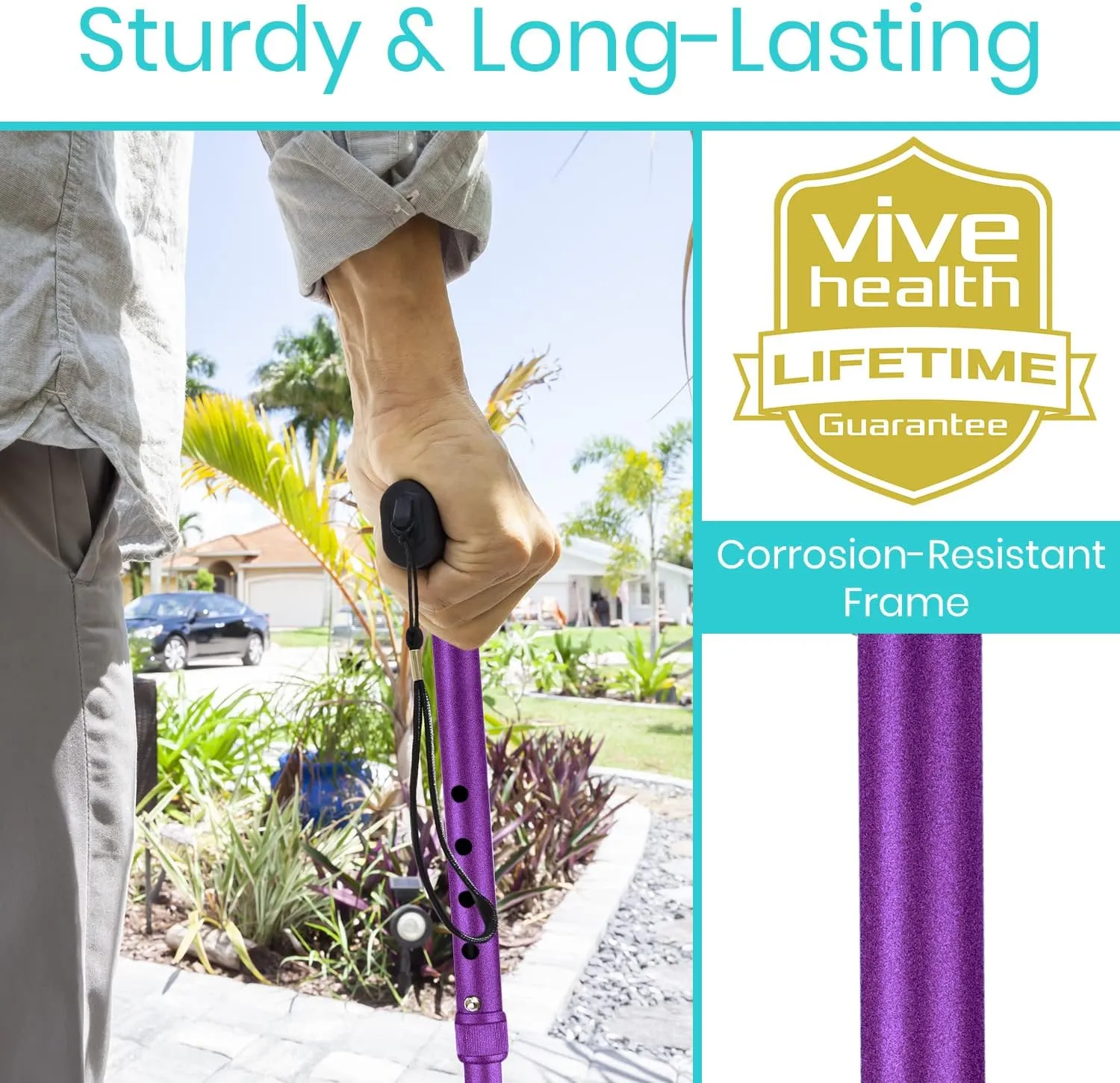 Vive Folding Cane - Foldable Walking Cane for Men, Women - Fold-up, Collapsible, Lightweight, Adjustable, Portable Hand Walking Stick - Balancing Mobility Aid - Sleek, Comfortable T Handles (Purple)