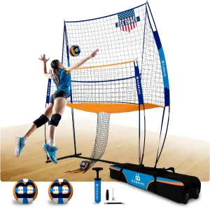 Volleyball Practice Net Station | Volleyball Training Equipment with 2 PU Leather Volleyballs, Air Pump, Assembly Instructions, and Wheeled Carry Bag | Volleyball Hitting Net Rebounder