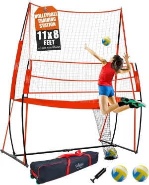 Volleyball Training Net System|Adjustable Volleyball Practice Net Station with Wheeled Carry Bag,2 Volleyballs |Great for Hitting,Serving,Dunking Drills,Easy Assembly