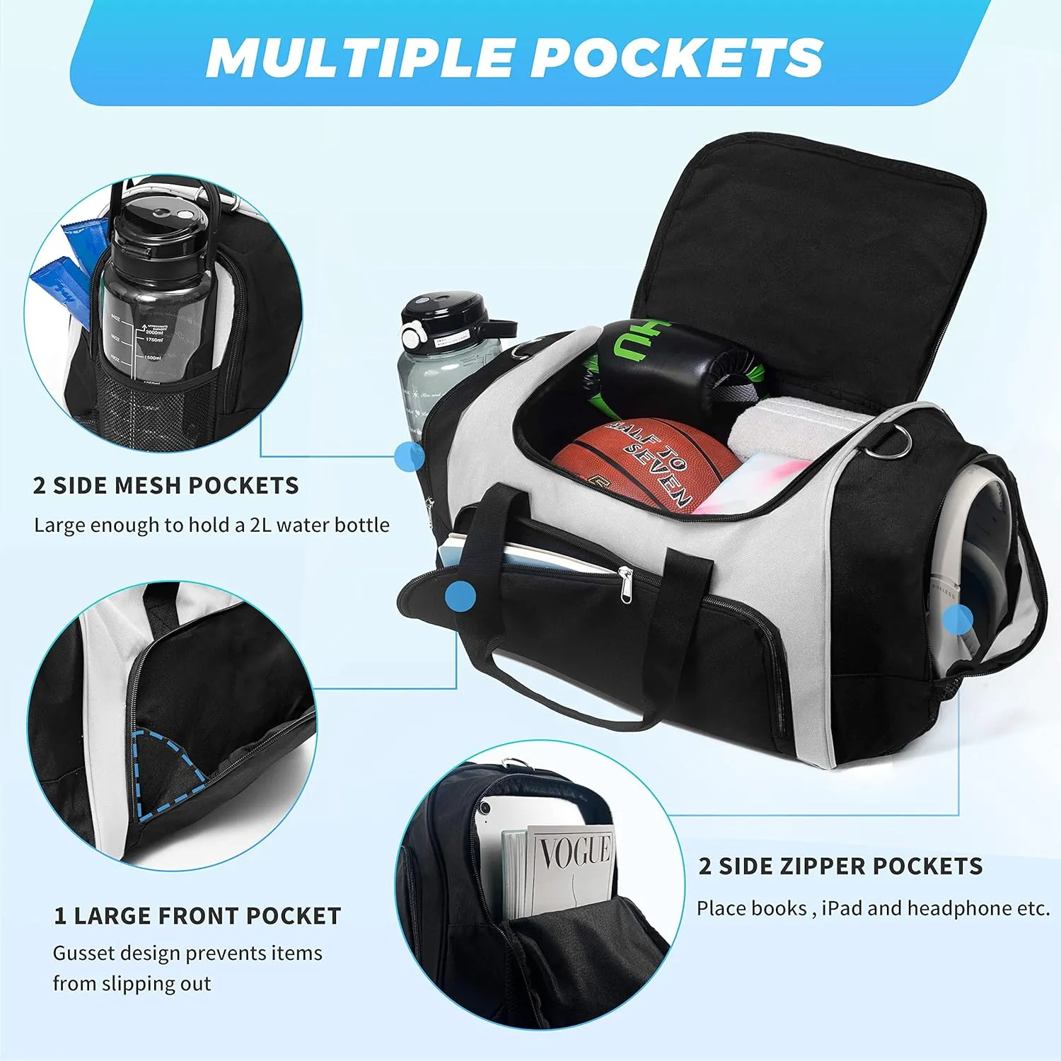 Vorspack Duffle Bag for Travel - 40L/21 Inches Duffel Bag Small Duffle Bag for Men Weekender Bag with Water Bottle Pocket for Travel Sports - White