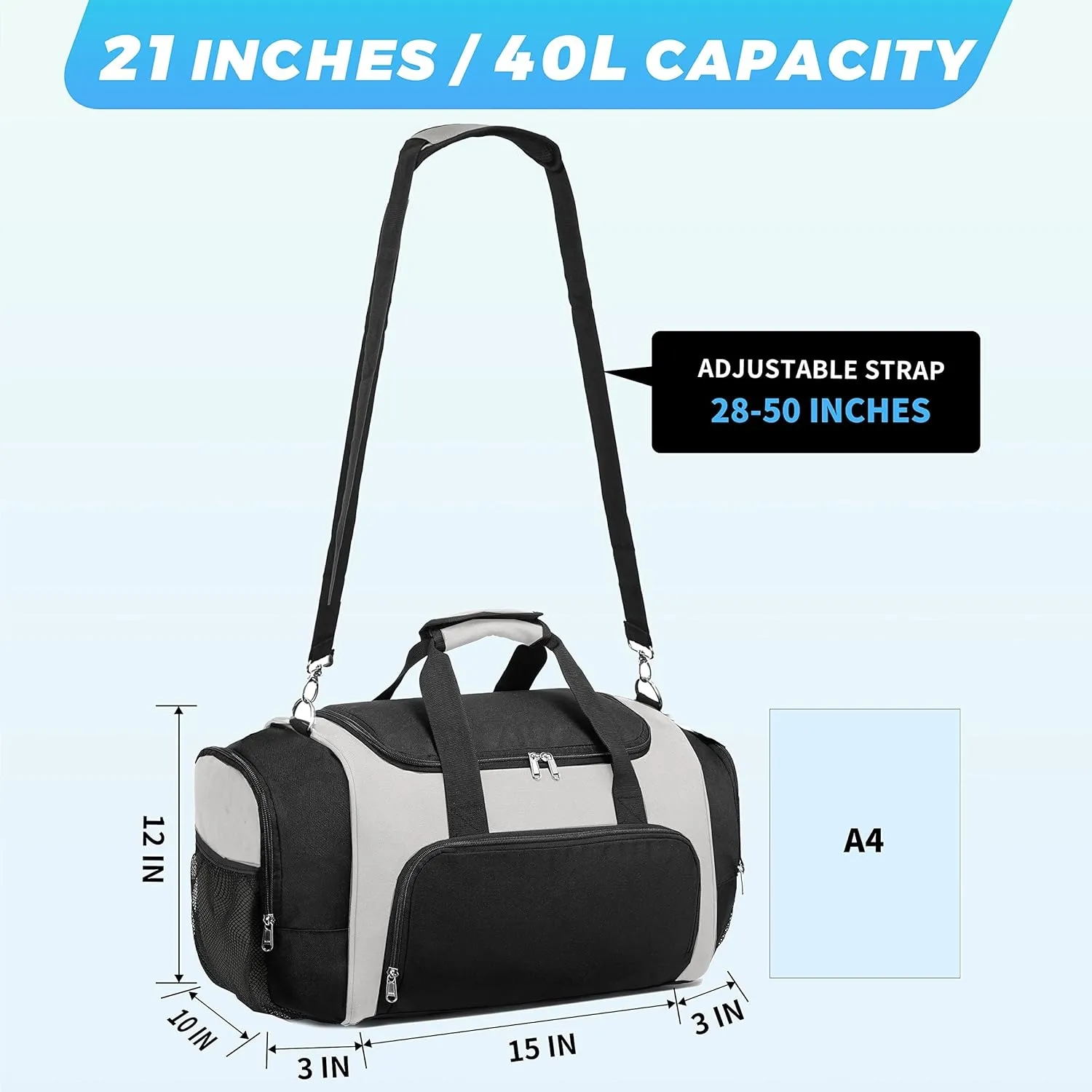 Vorspack Duffle Bag for Travel - 40L/21 Inches Duffel Bag Small Duffle Bag for Men Weekender Bag with Water Bottle Pocket for Travel Sports - White