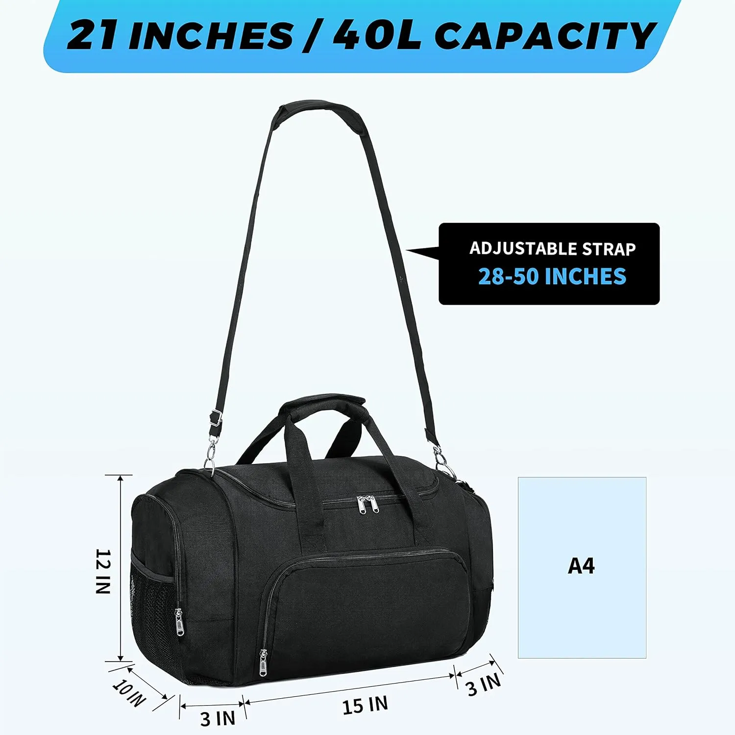 Vorspack Duffle Bag for Travel - 40L/21 Inches Small Duffel Bag for Men Weekender Bag with Water Bottle Pocket for Travel Sports - Black