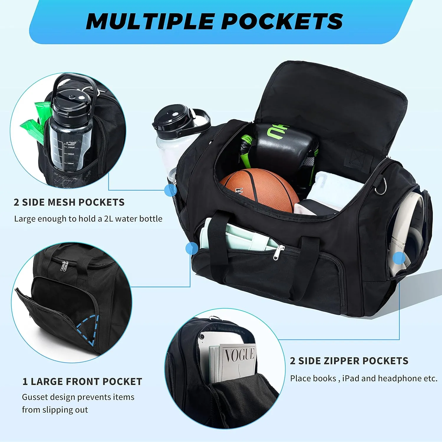 Vorspack Duffle Bag for Travel - 40L/21 Inches Small Duffel Bag for Men Weekender Bag with Water Bottle Pocket for Travel Sports - Black